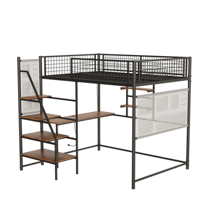 Full size loft metal bed with black for bedroom and dormitory, with built-in charging station and LED lighting image 9