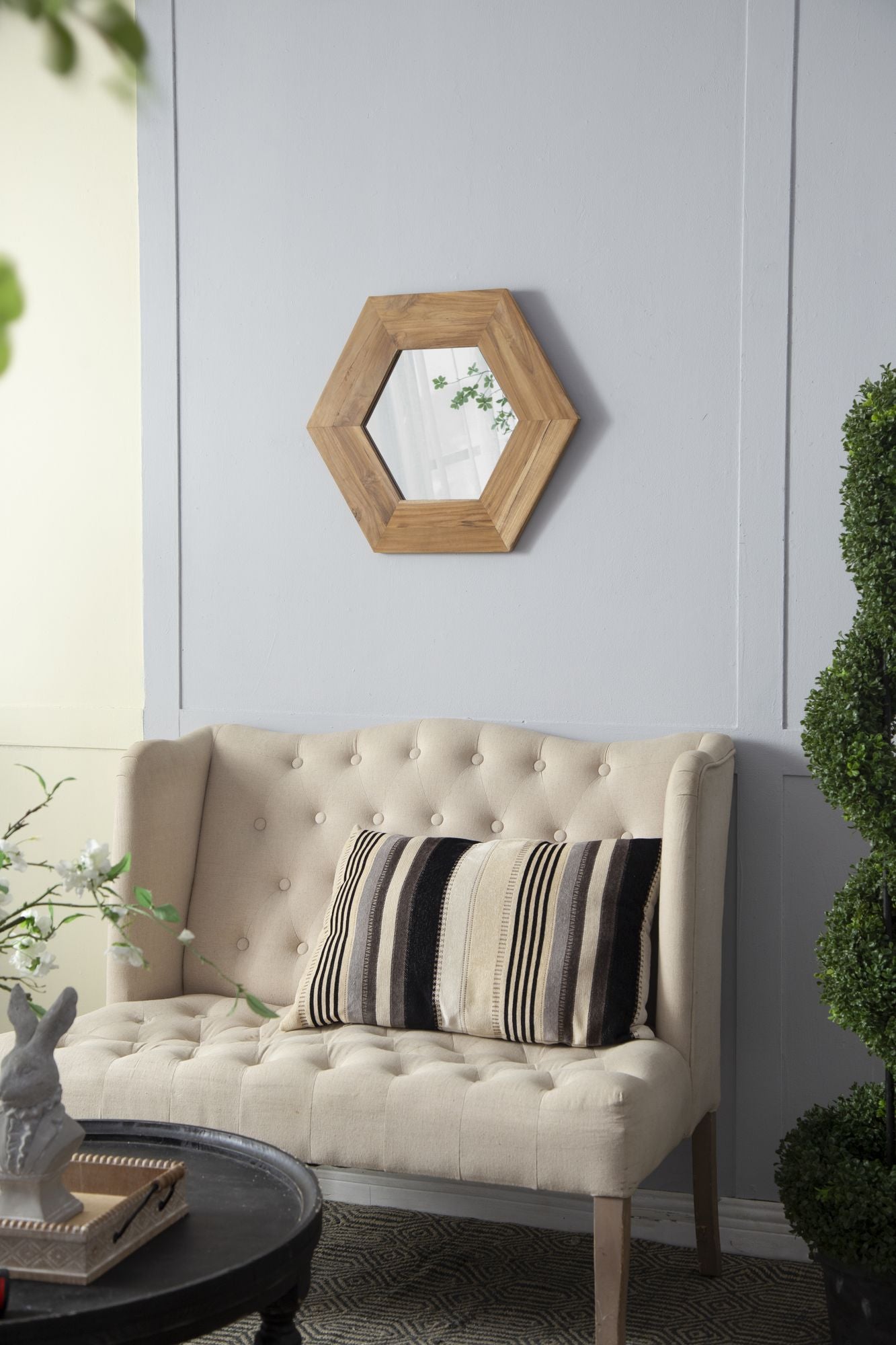 18.5" x 18.5" Hexagon Mirror with Natural Wood Frame, Wall Decor for Living Room Bathroom Hallway, image 5