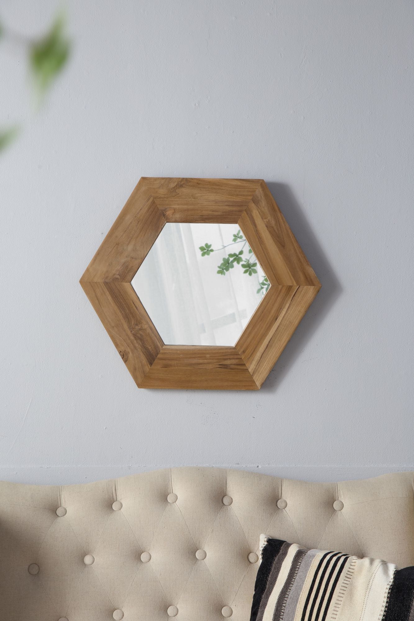 18.5" x 18.5" Hexagon Mirror with Natural Wood Frame, Wall Decor for Living Room Bathroom Hallway, image 1