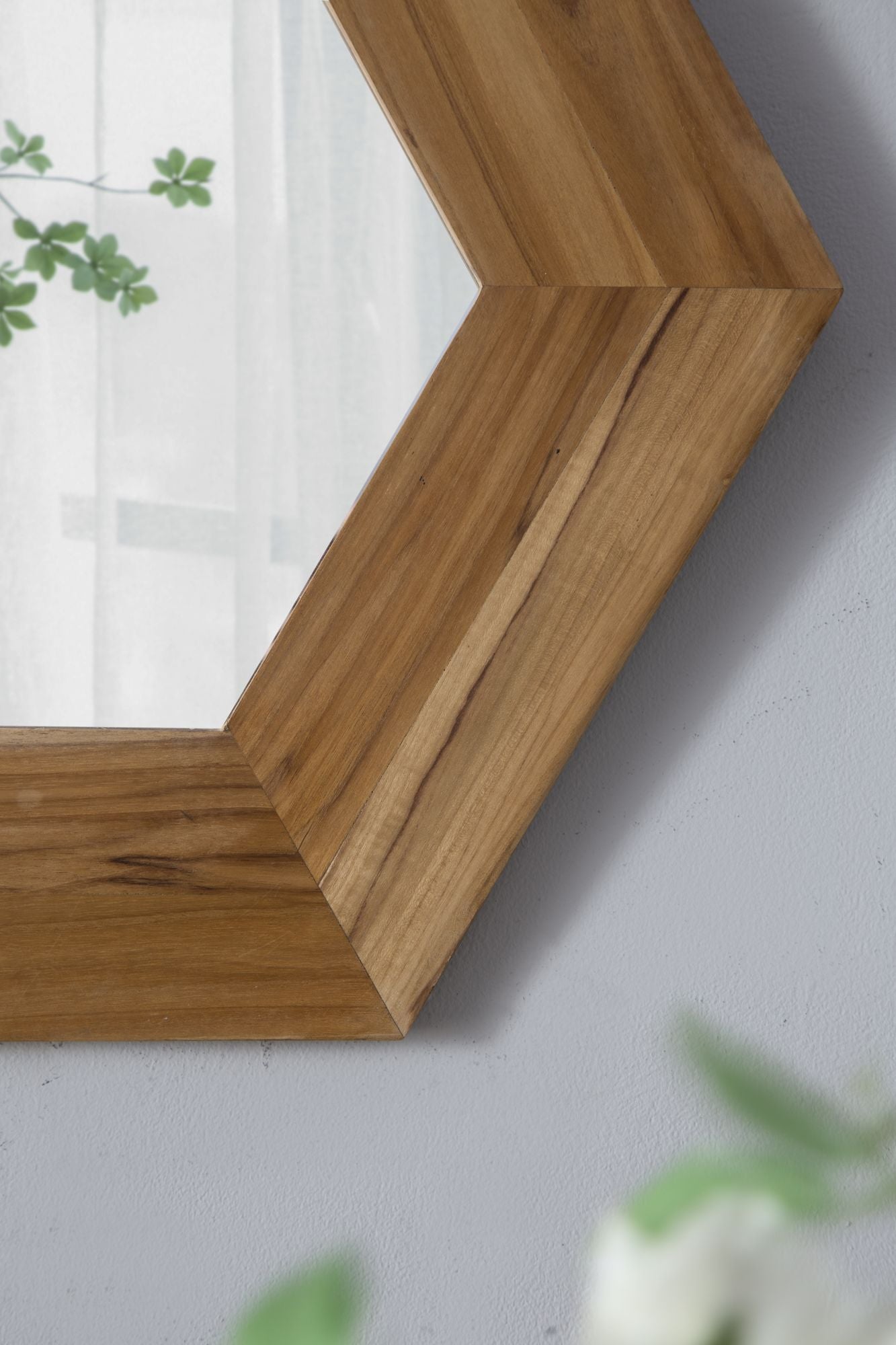 18.5" x 18.5" Hexagon Mirror with Natural Wood Frame, Wall Decor for Living Room Bathroom Hallway, image 7