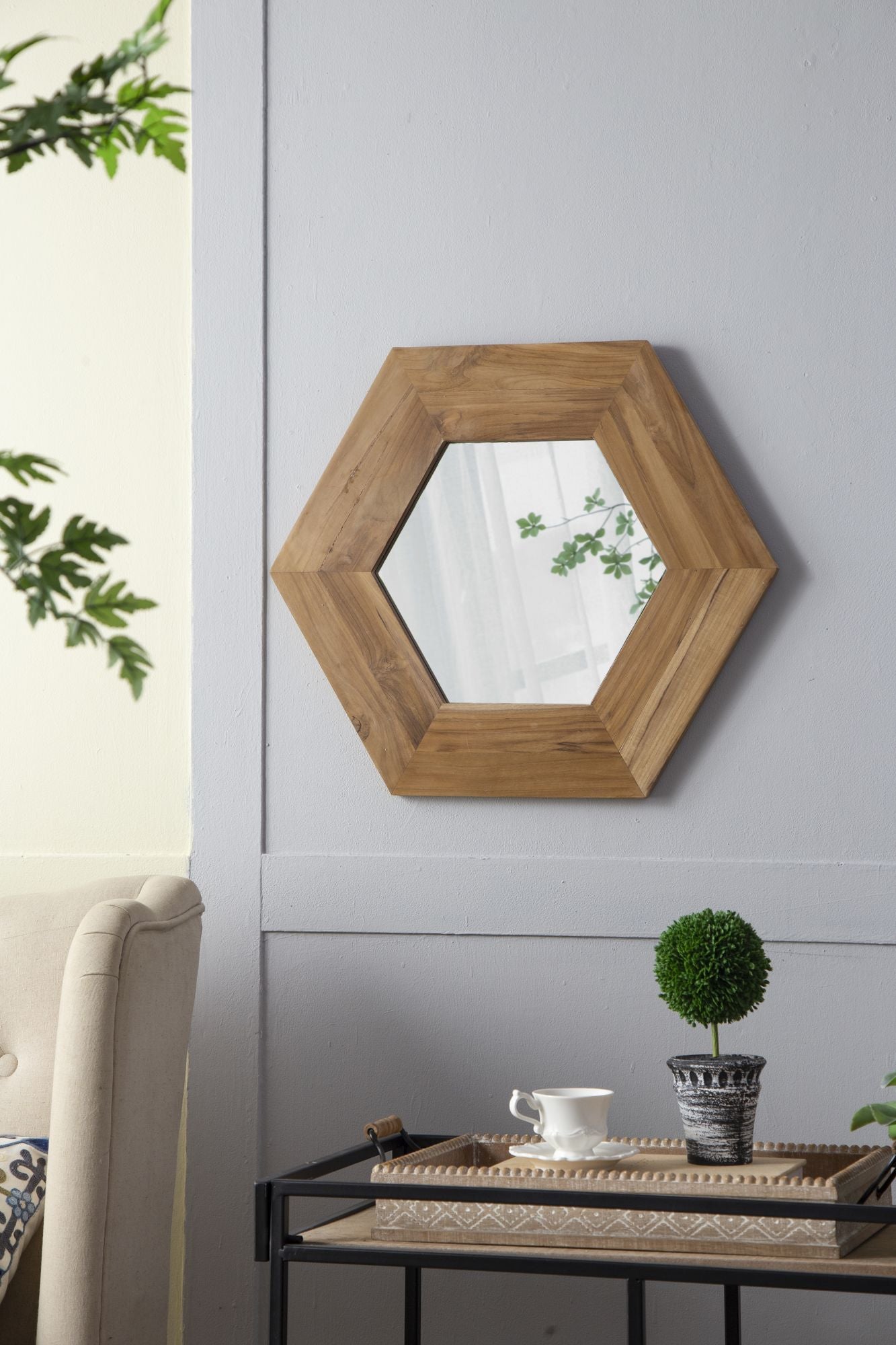 18.5" x 18.5" Hexagon Mirror with Natural Wood Frame, Wall Decor for Living Room Bathroom Hallway, image 6