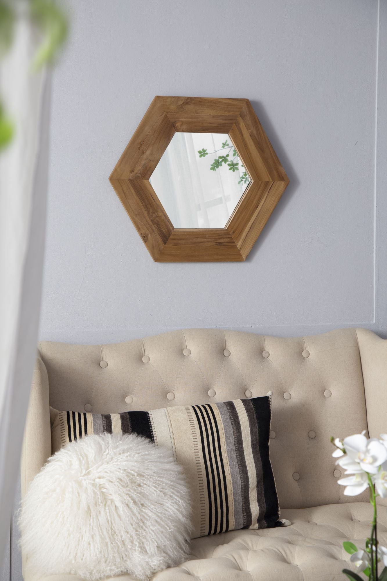 18.5" x 18.5" Hexagon Mirror with Natural Wood Frame, Wall Decor for Living Room Bathroom Hallway, image 2