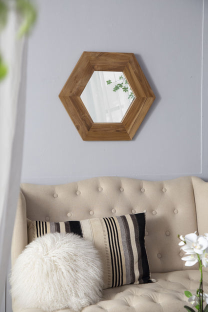 18.5" x 18.5" Hexagon Mirror with Natural Wood Frame, Wall Decor for Living Room Bathroom Hallway, image 2