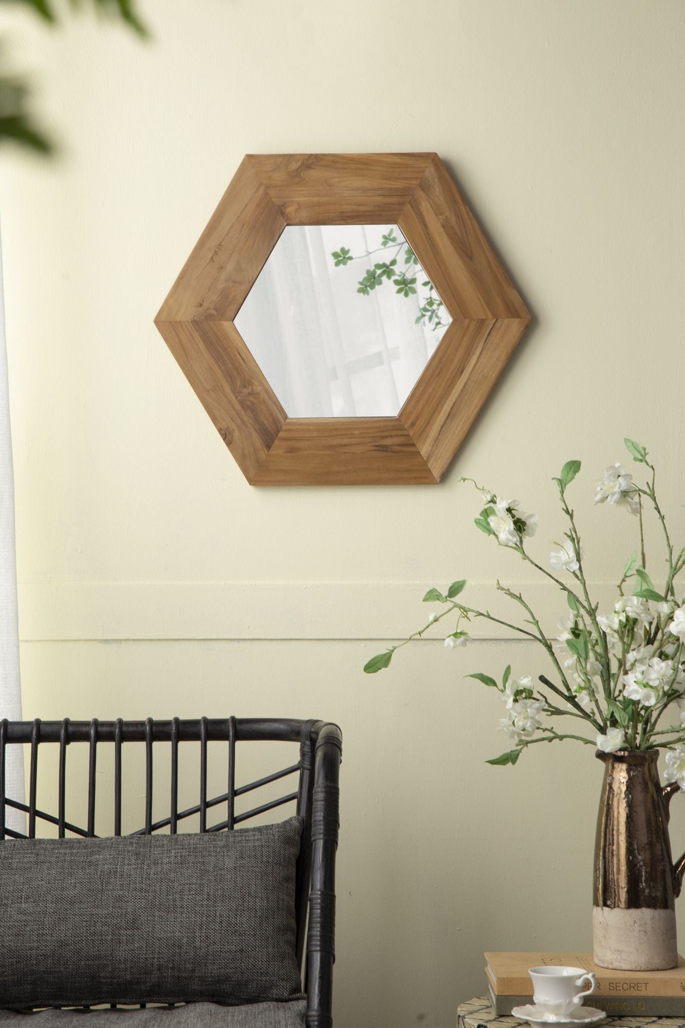 18.5" x 18.5" Hexagon Mirror with Natural Wood Frame, Wall Decor for Living Room Bathroom Hallway, image 8