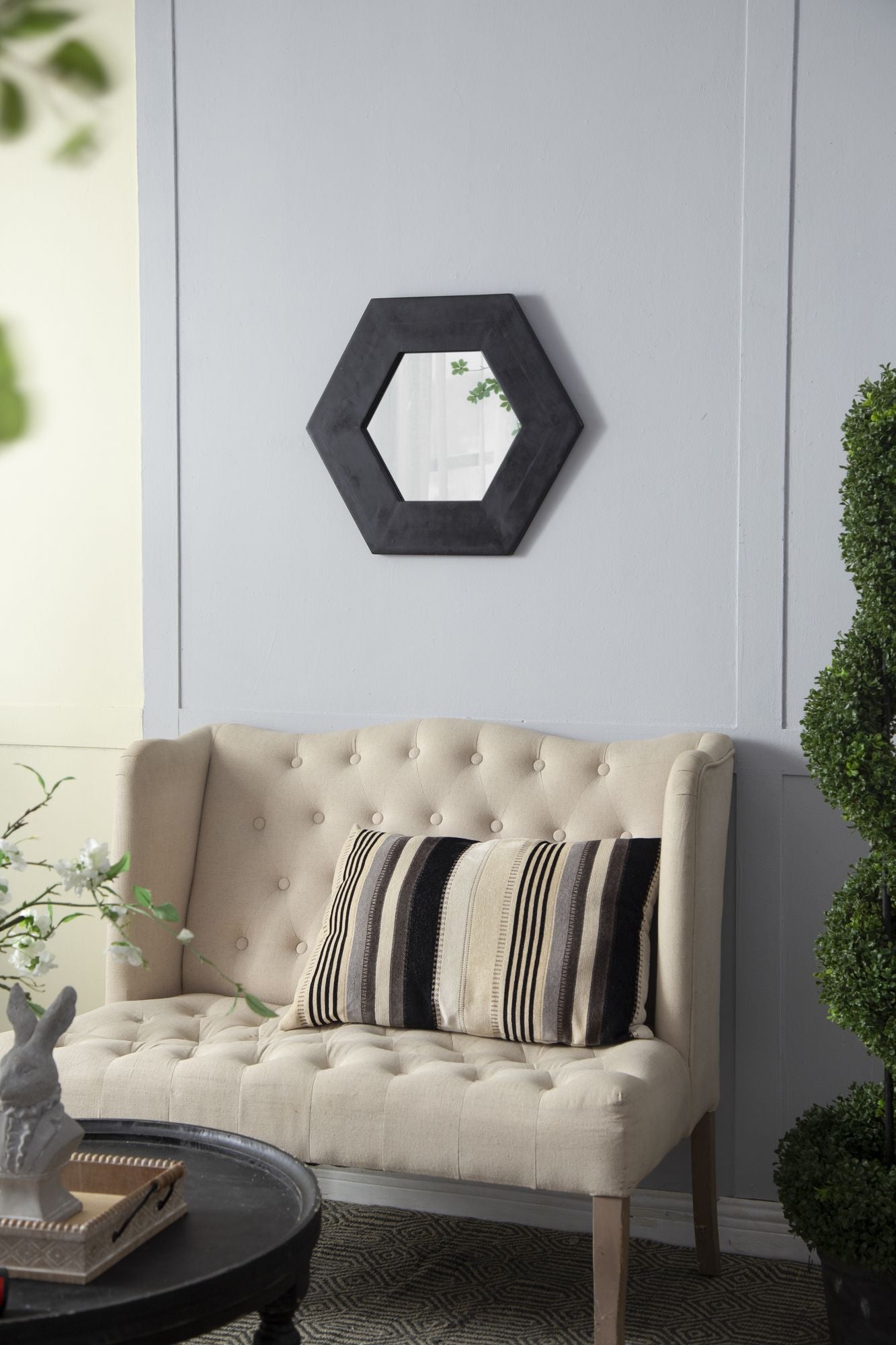 18.5" x 18.5" Hexagon Mirror with Solid Wood Frame, Wall Decor for Living Room Bathroom Hallway, Black image 9