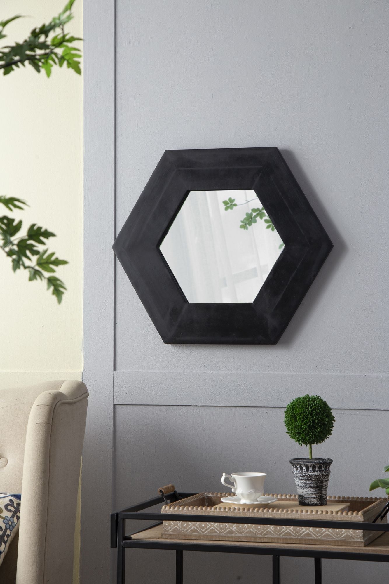 18.5" x 18.5" Hexagon Mirror with Solid Wood Frame, Wall Decor for Living Room Bathroom Hallway, Black image 10