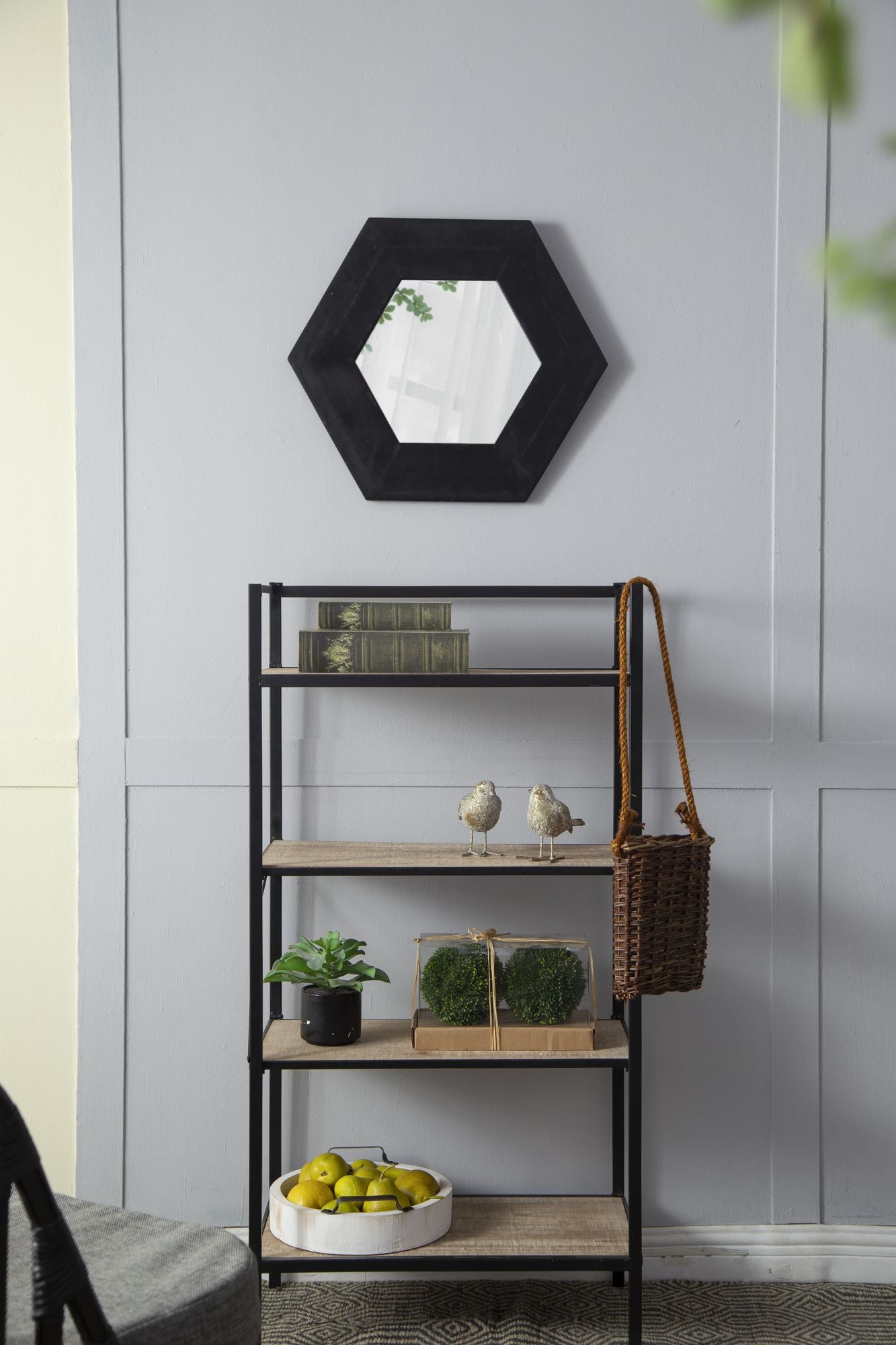 18.5" x 18.5" Hexagon Mirror with Solid Wood Frame, Wall Decor for Living Room Bathroom Hallway, Black image 3