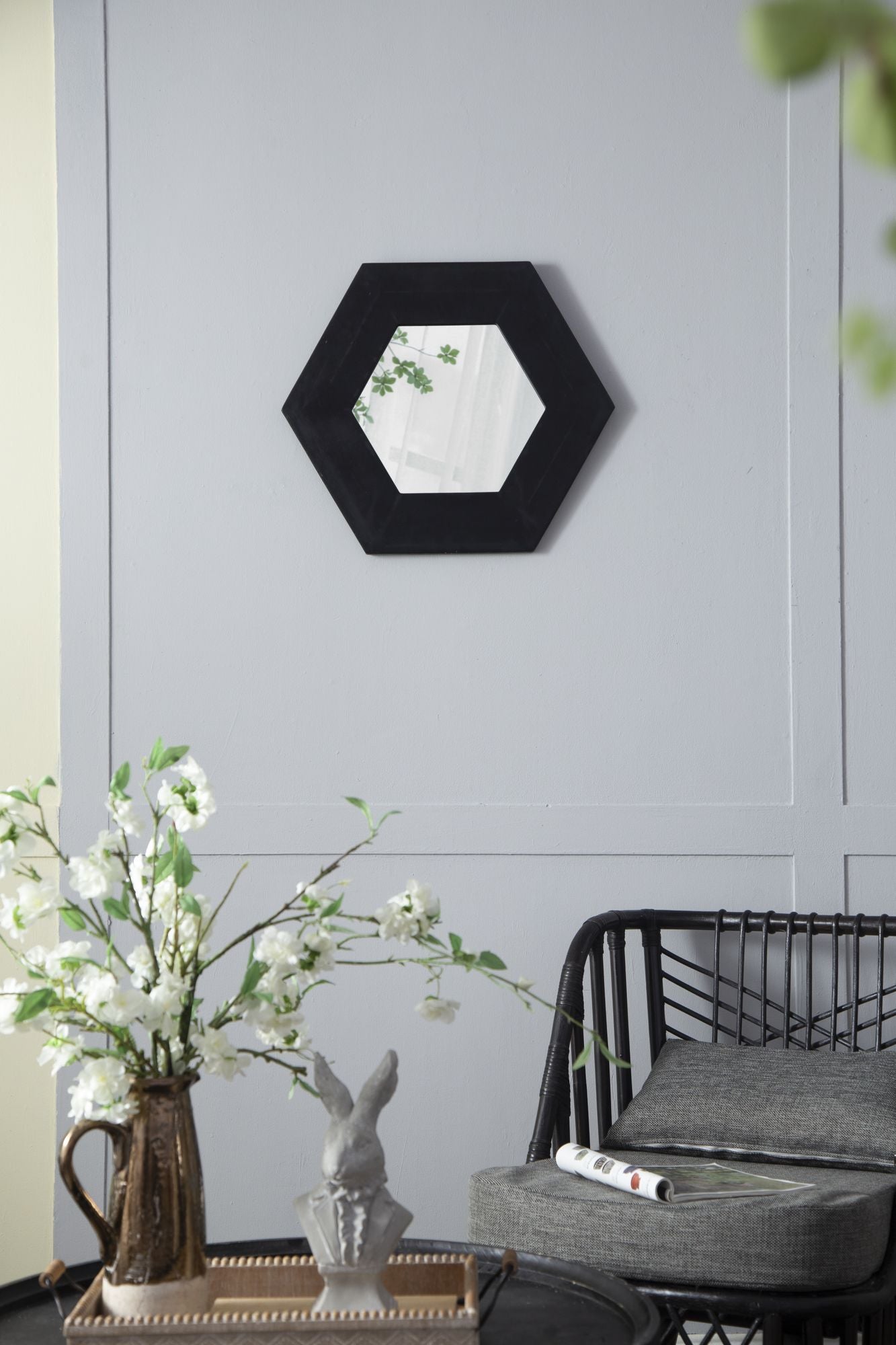 18.5" x 18.5" Hexagon Mirror with Solid Wood Frame, Wall Decor for Living Room Bathroom Hallway, Black image 4