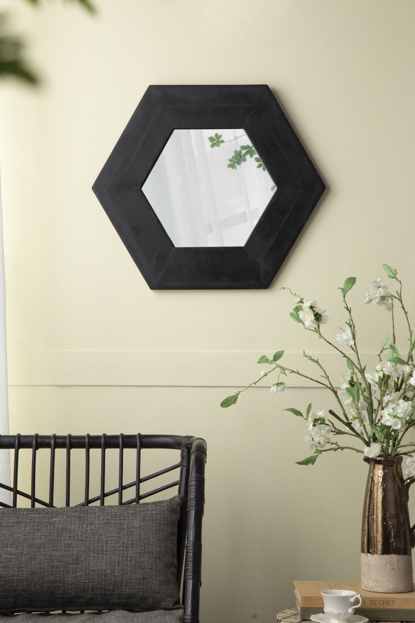 18.5" x 18.5" Hexagon Mirror with Solid Wood Frame, Wall Decor for Living Room Bathroom Hallway, Black image 5