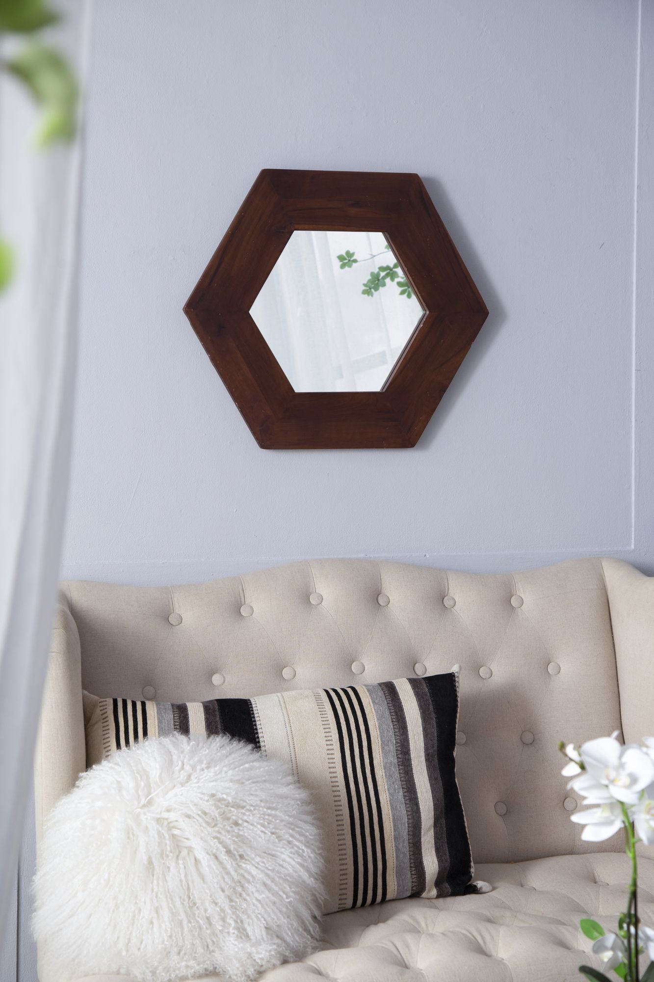 18.5" x 18.5" Hexagon Mirror with Solid Wood Frame, Wall Decor for Living Room Bathroom Hallway, Dark Brown image 8