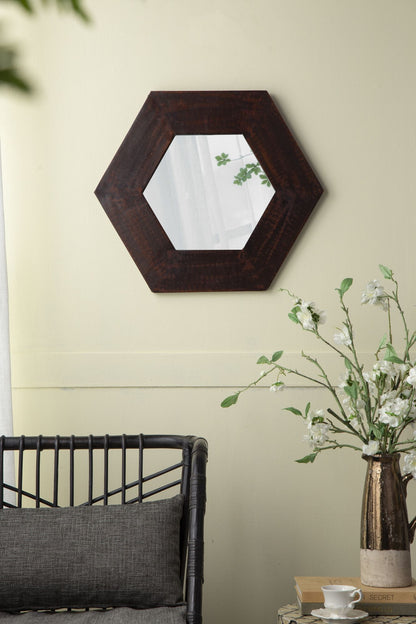 18.5" x 18.5" Hexagon Mirror with Solid Wood Frame, Wall Decor for Living Room Bathroom Hallway, Dark Brown image 6