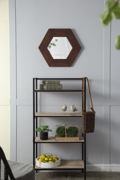 18.5" x 18.5" Hexagon Mirror with Solid Wood Frame, Wall Decor for Living Room Bathroom Hallway, Dark Brown image 1