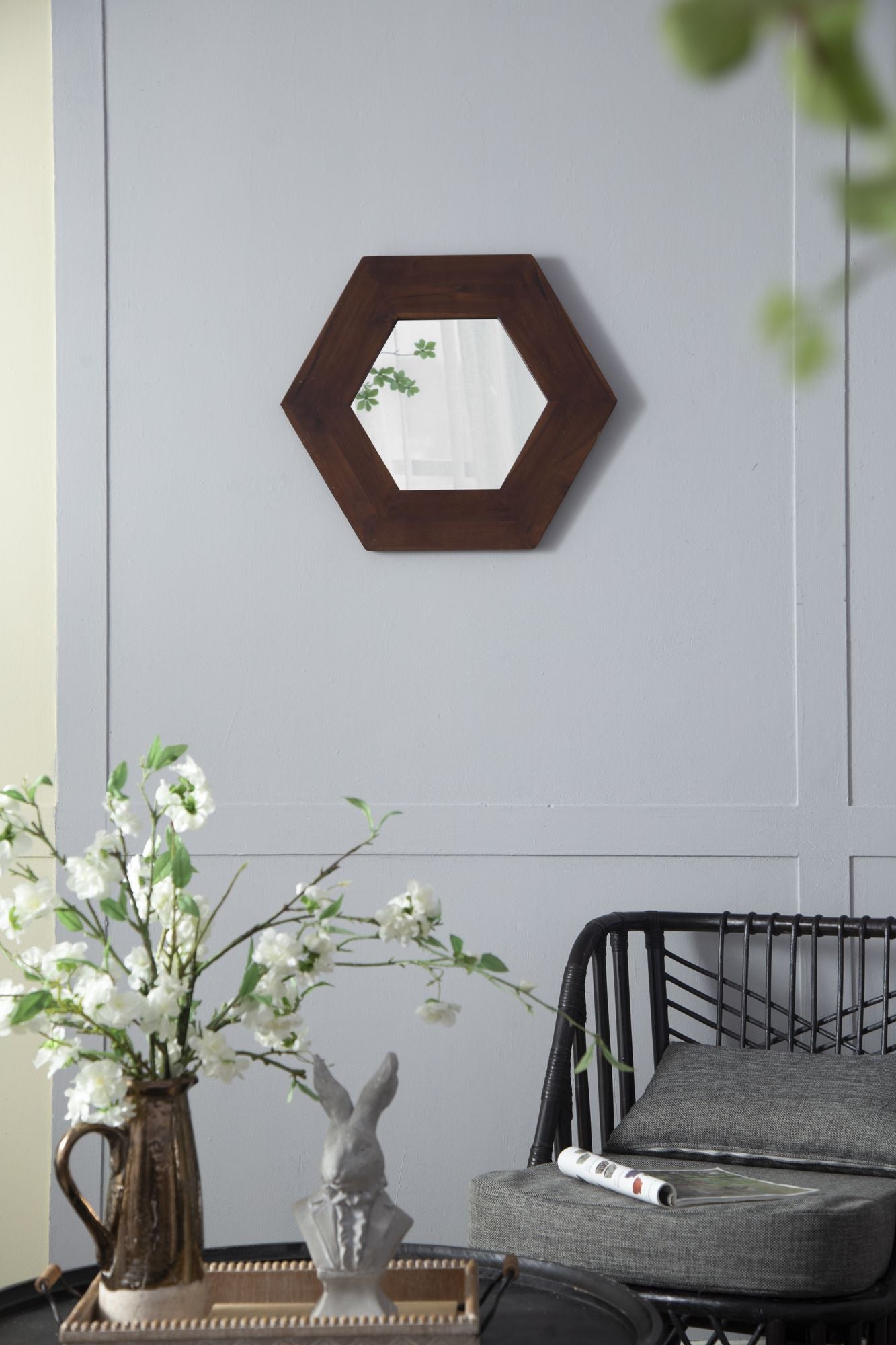 18.5" x 18.5" Hexagon Mirror with Solid Wood Frame, Wall Decor for Living Room Bathroom Hallway, Dark Brown image 2