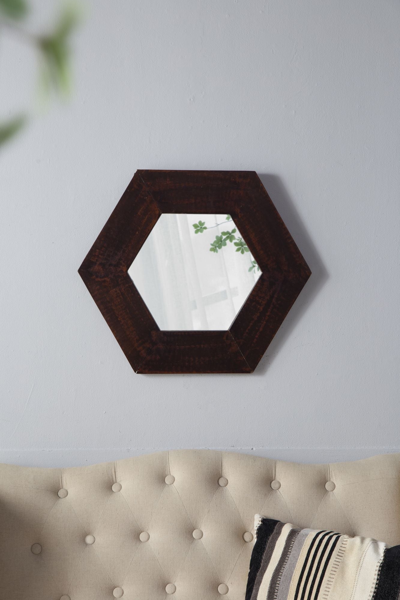 18.5" x 18.5" Hexagon Mirror with Solid Wood Frame, Wall Decor for Living Room Bathroom Hallway, Dark Brown image 5