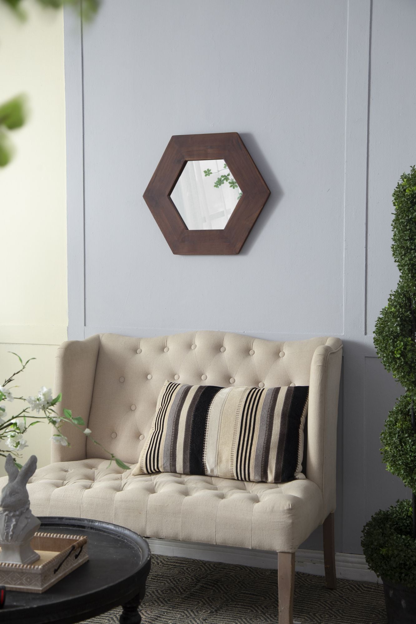 18.5" x 18.5" Hexagon Mirror with Solid Wood Frame, Wall Decor for Living Room Bathroom Hallway, Dark Brown image 9