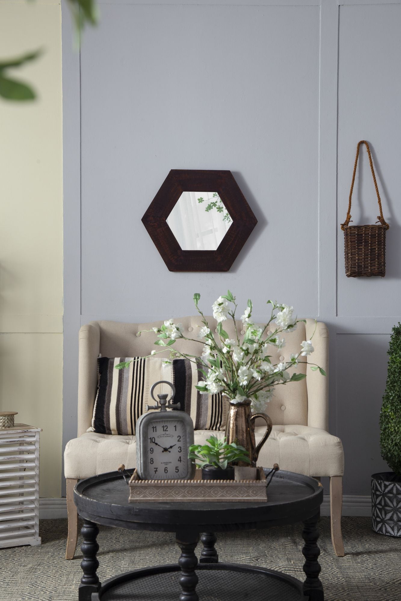18.5" x 18.5" Hexagon Mirror with Solid Wood Frame, Wall Decor for Living Room Bathroom Hallway, Dark Brown image 3