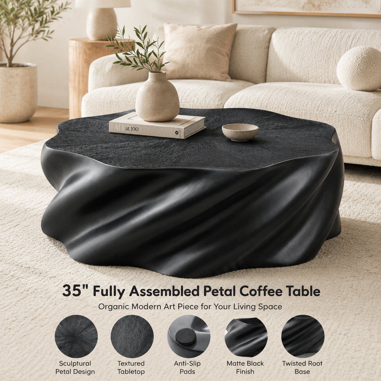 35" Fully Assembled Petal Coffee Table – Sculptural Matte Black Fiberglass, Modern Organic Design, No Assembly, Multi-Scene Center Table image 3