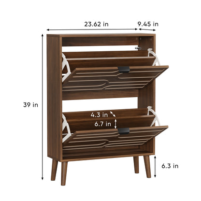 Medieval Modern Independent Shoe Cabinet, 23.62-inch Walnut Shoe Storage Cabinet, Fence Shoe Cabinet with 2 Flip Drawers, Suitable For Corridors And Entrances image 6