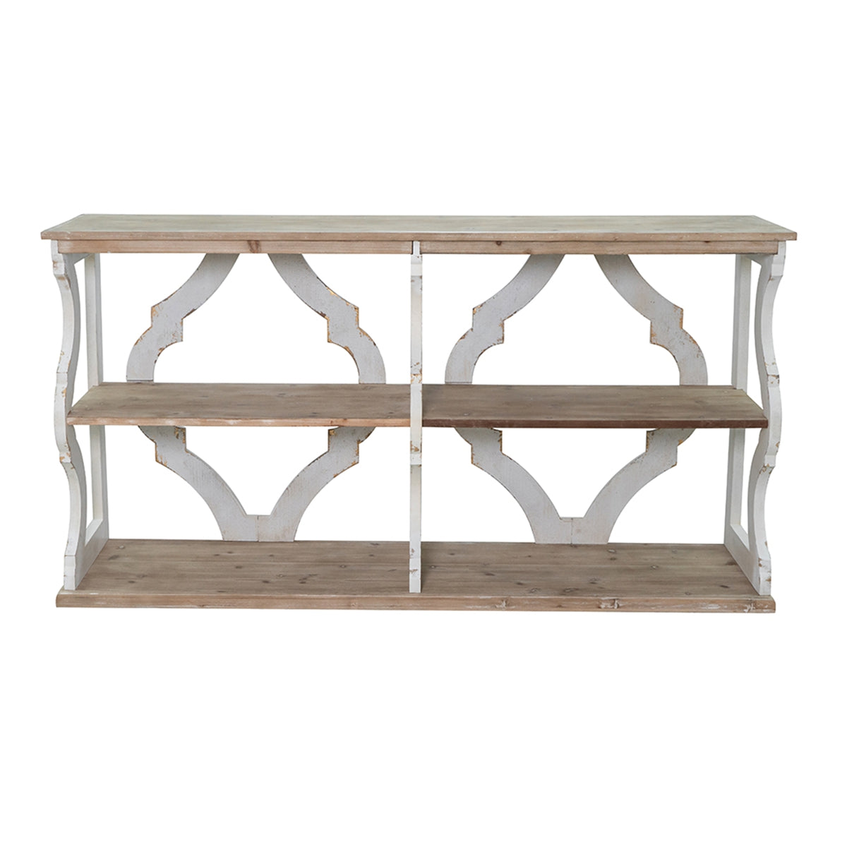 64.2x16.5x33.5" Three-Tiered Wooden Console Table with Cut-Out Patterns, Brown/White image 2