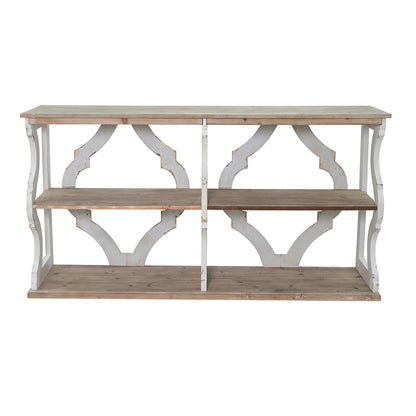 64.2x16.5x33.5" Three-Tiered Wooden Console Table with Cut-Out Patterns, Brown/White image 2