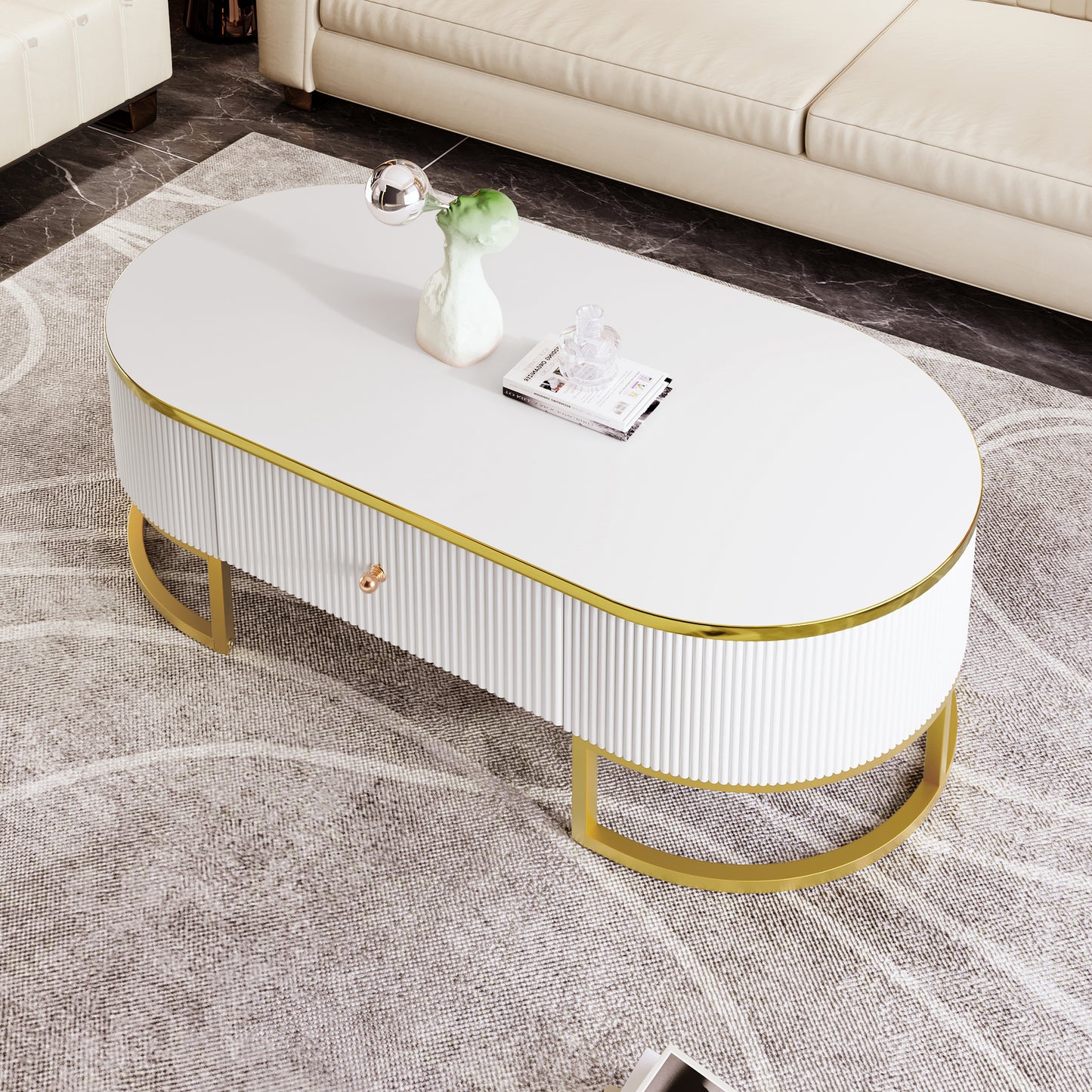 Modern Oval Coffee Table with Drawers,Curved Profile Design, Gold Metal Decor, Center Table for Living Room in 47.2" image 3