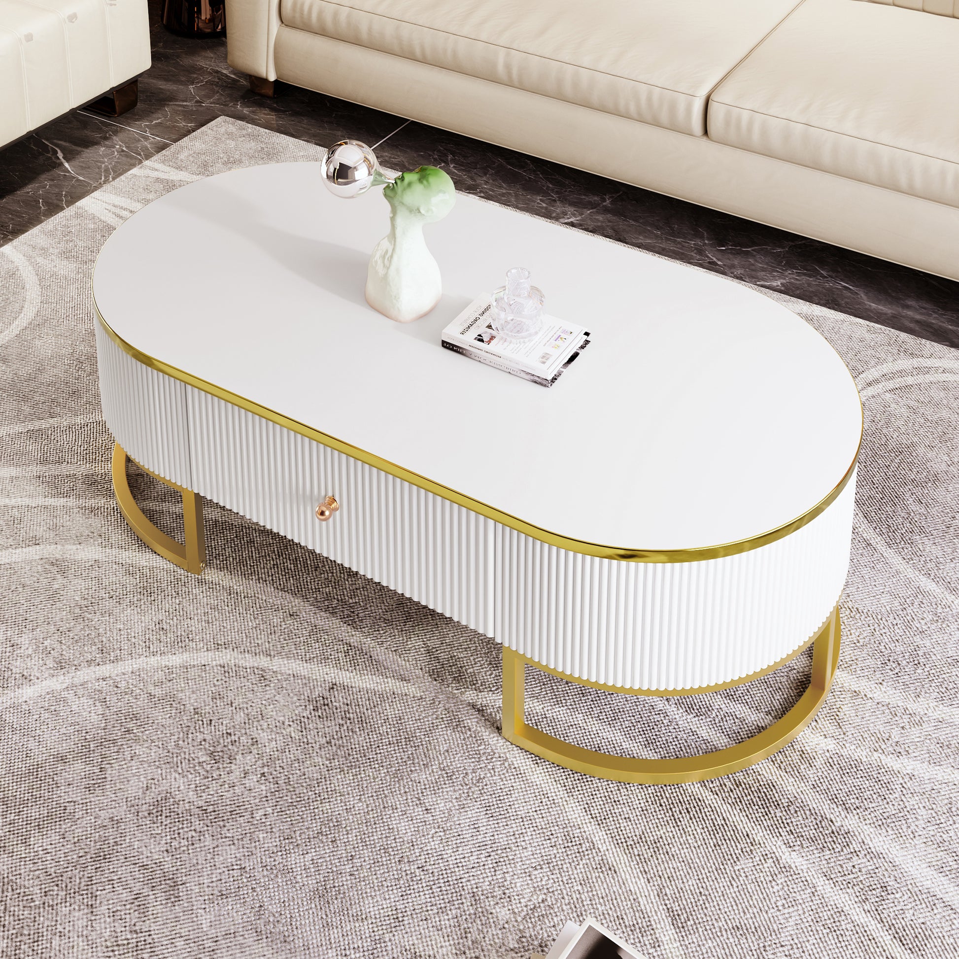 Modern Oval Coffee Table with Drawers,Curved Profile Design, Gold Metal Decor, Center Table for Living Room in 47.2" image 3