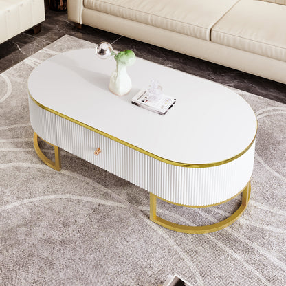 Modern Oval Coffee Table with Drawers,Curved Profile Design, Gold Metal Decor, Center Table for Living Room in 47.2" image 3