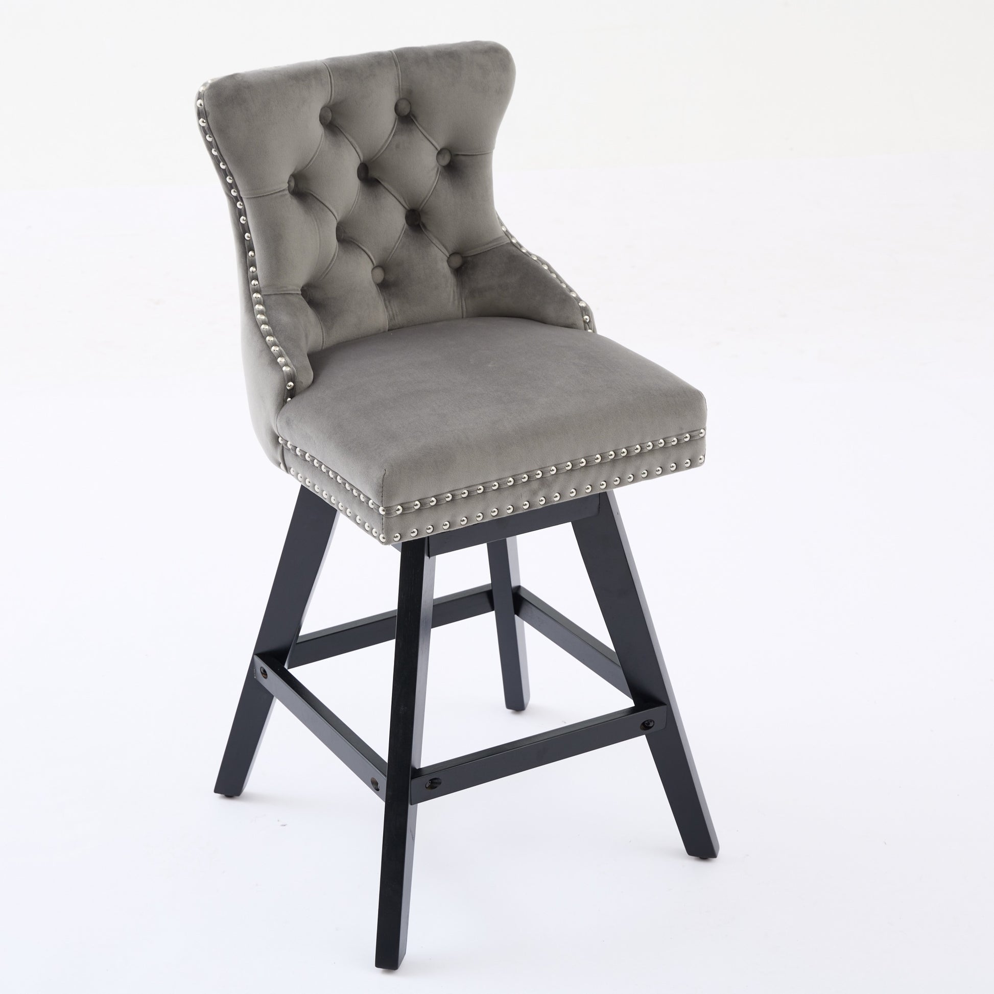 Swivel Velvet Barstools with Button Tufted Decoration and Wooden Legs, and Chrome Nailhead Trim, Leisure Style Bar Chairs,Bar stools, Set of 2 (Gray),SW1860GY image 4