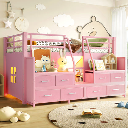 Twin Low Loft Bed with Multi-Storage Spaces, Including Fabric Drawers, Fabric Shelves Beside the Bed, Storage Stairs, Metal Loft Bed with Lights and Ample Under-bed Spaces, Pink image 3