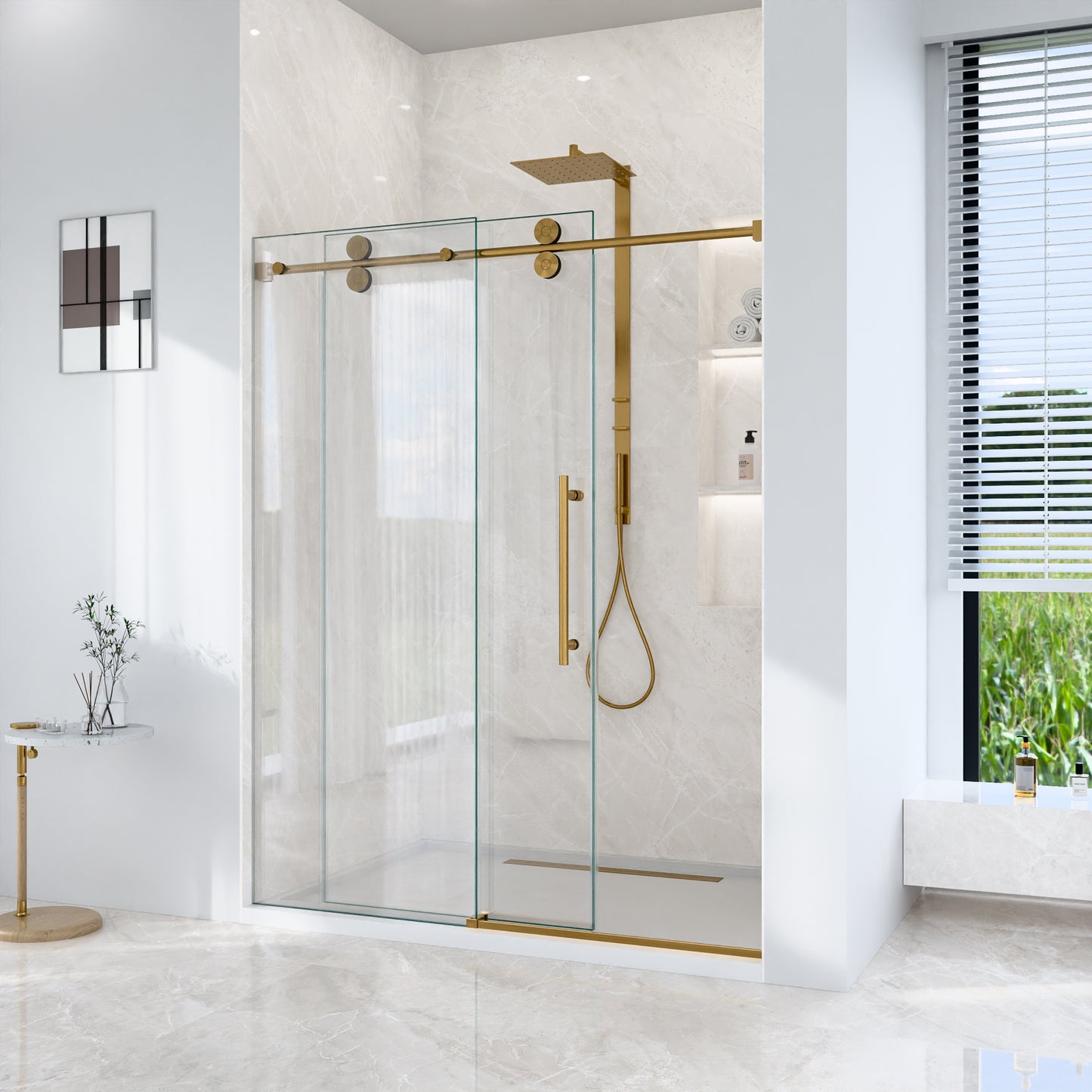 56"-60"W*72" H Frameless Single Sliding Shower Door – 5/16" (8mm) Clear Tempered Glass, Bypass Design with Brushed Gold Finish image 3