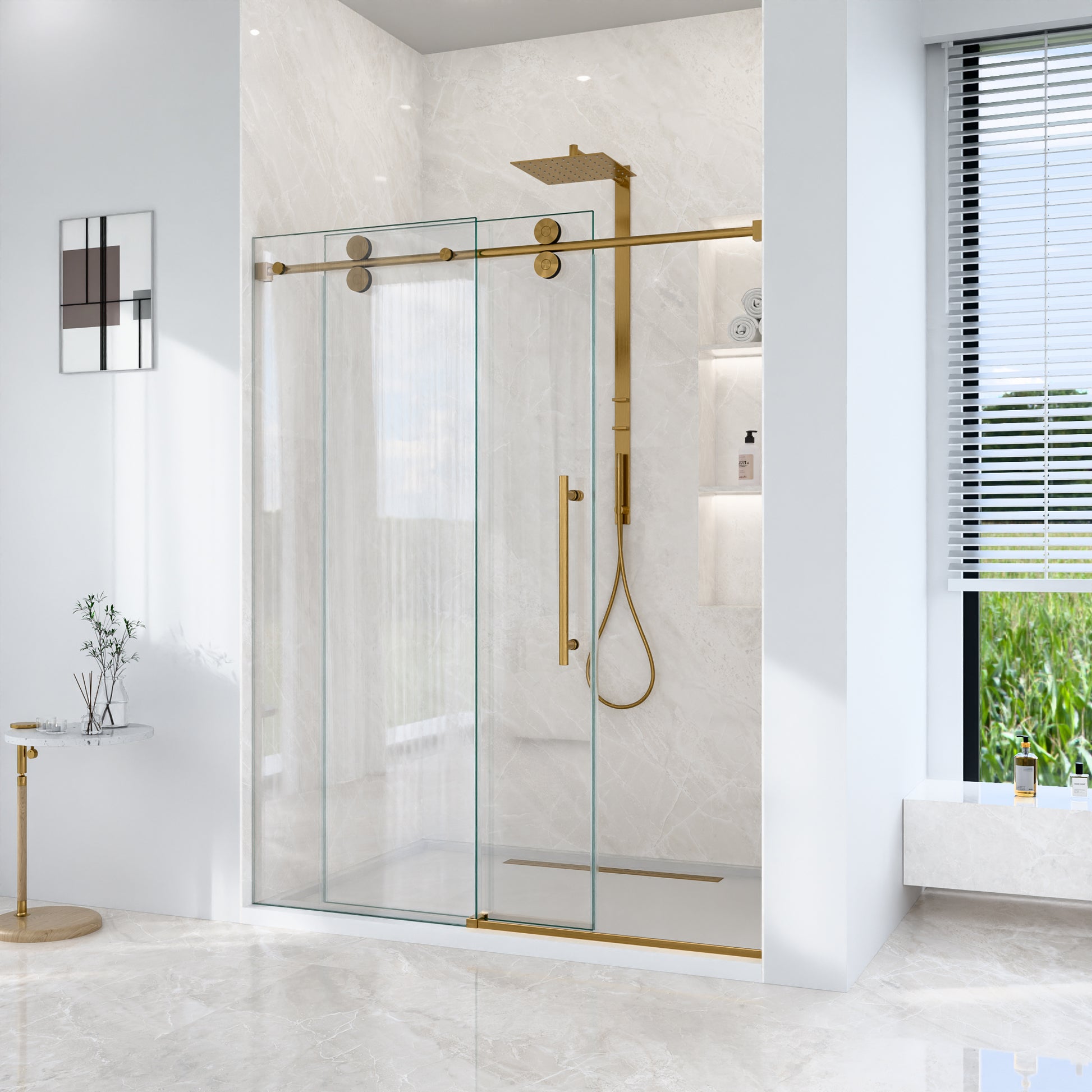 56"-60"W*72" H Frameless Single Sliding Shower Door – 5/16" (8mm) Clear Tempered Glass, Bypass Design with Brushed Gold Finish image 3