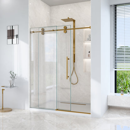56"-60"W*72" H Frameless Single Sliding Shower Door – 5/16" (8mm) Clear Tempered Glass, Bypass Design with Brushed Gold Finish image 3