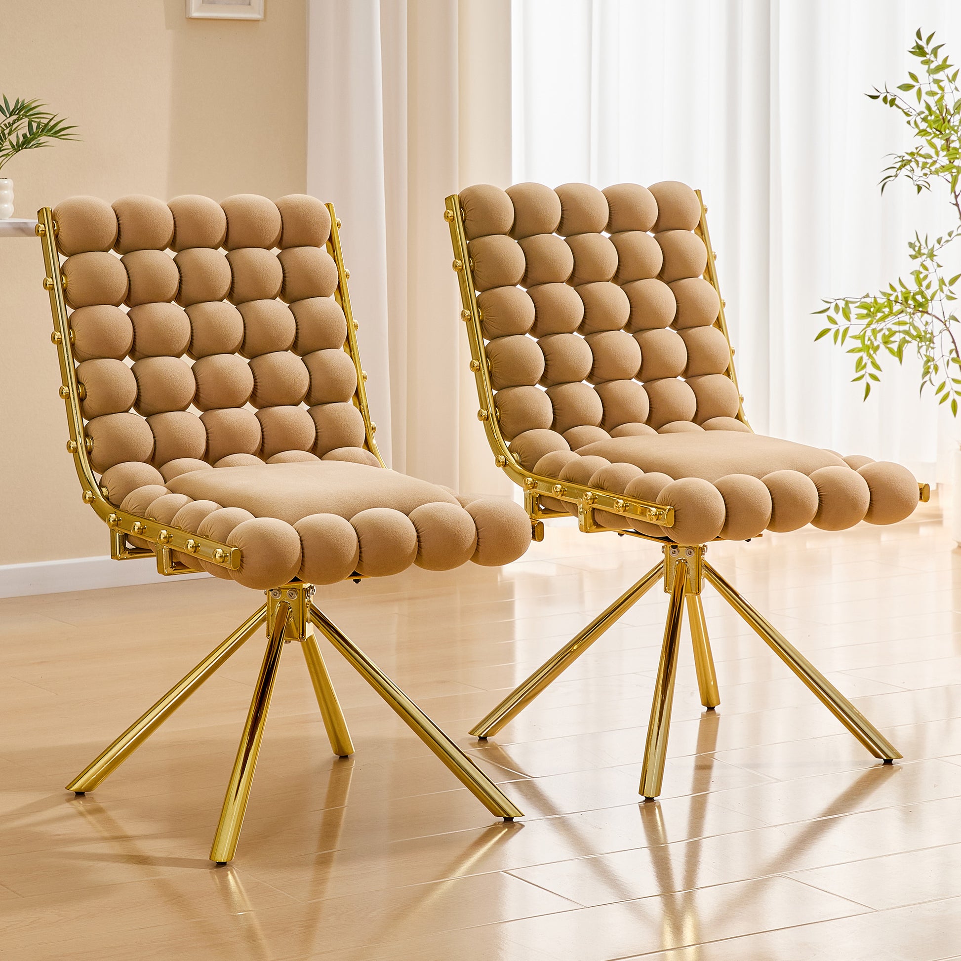 Set of 2 Tufted Ball Backrest Swivel Chair with Gold Metal Legs, Stylish Armless Chair for Home Office, Bedroom & Dining Area image 1