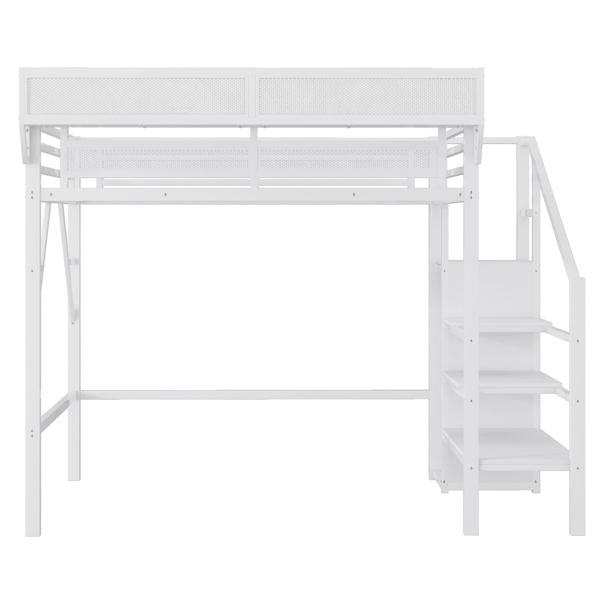 Twin XL Size Loft Bed with Stairs, Metal Full Loft Bed with Storage Shelves, High Loft Bed with Wardrobe for Kids Teens,White(Expect Arrival Date 2025/10/14) image 6