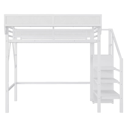 Twin XL Size Loft Bed with Stairs, Metal Full Loft Bed with Storage Shelves, High Loft Bed with Wardrobe for Kids Teens,White(Expect Arrival Date 2025/10/14) image 6