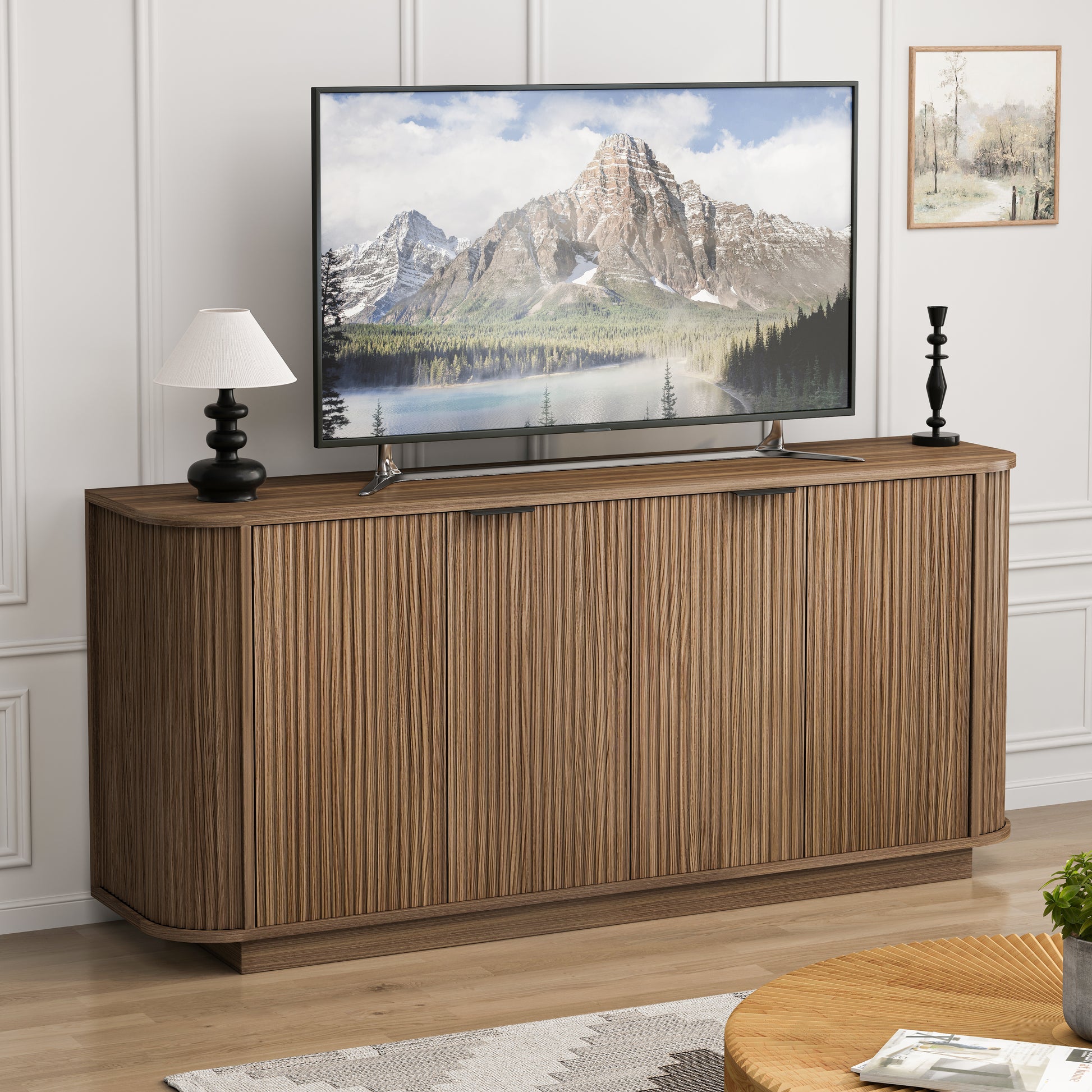 63"Wavy Storage Sideboard, Double-Door Buffet Cabinet with Adjustable Shelves, Suitable for Kitchen, Living Room, Hallway - Versatile Storage (Brown) image 3