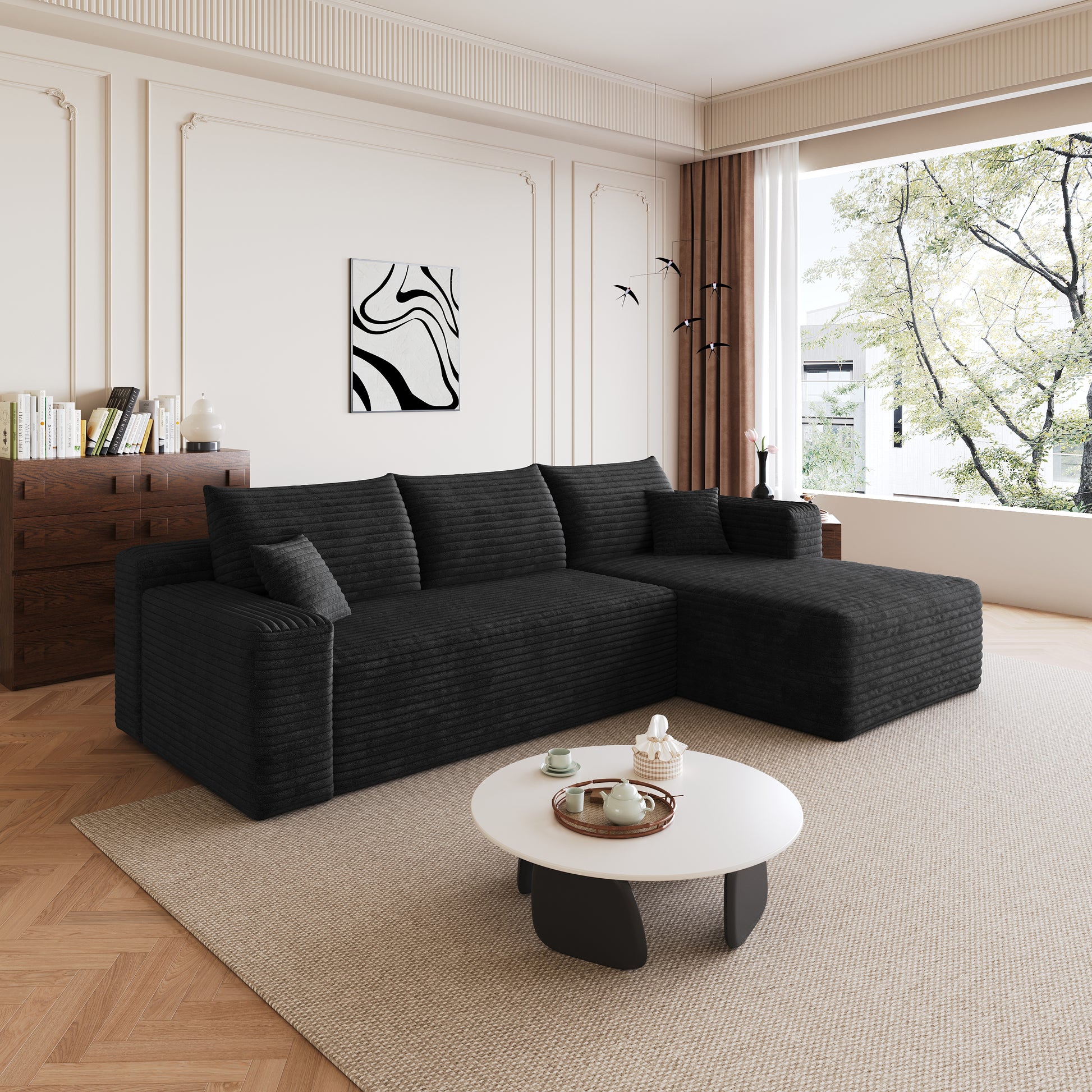 95" Cloud Sectional Sofa,Modern Minimalist Upholstered Couches, Comfort U Shaped Sofa for Living Room,Deep Seat Corner Couch,No Assembly Required,Black (Plush Corduroy Fabric) image 5