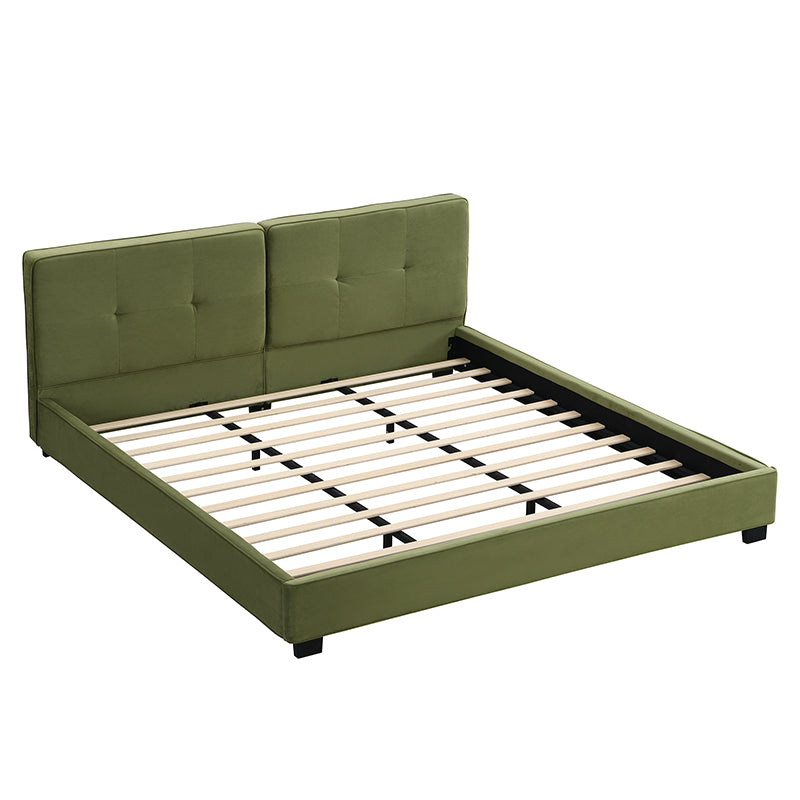 King Size Velvet Bed Frames, Upholstered Platform Bed with Curved Tufted Headboard, Soft Square Corners, Olive Green image 8