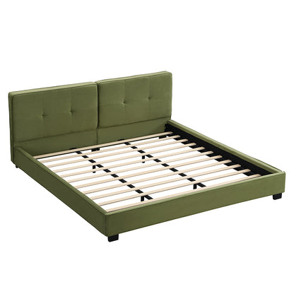 King Size Velvet Bed Frames, Upholstered Platform Bed with Curved Tufted Headboard, Soft Square Corners, Olive Green image 8