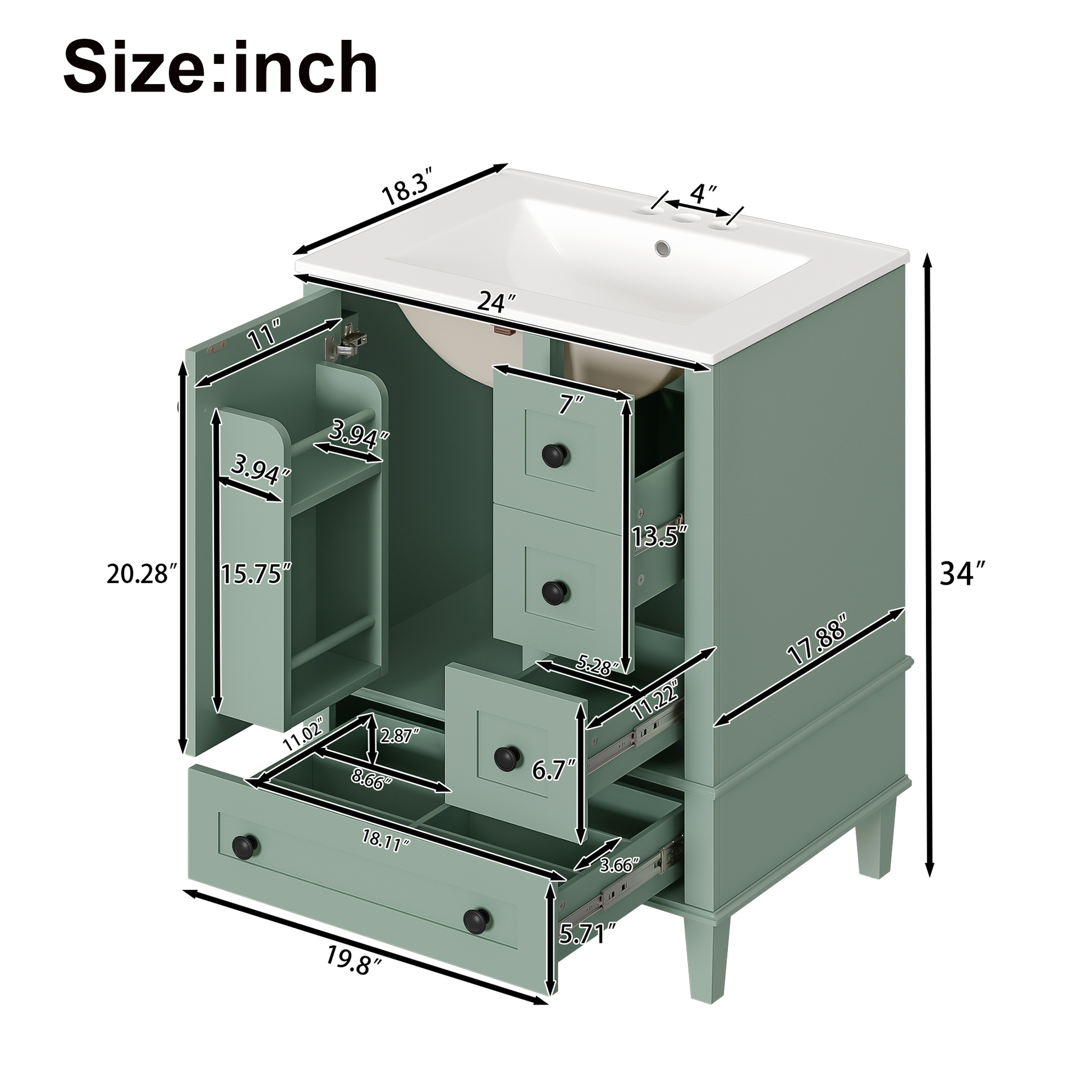 24-inch light green bathroom vanity with an integrated ceramic basin, featuring a door-mounted double-layer shelf, soft-close drawers, and a soft-close cabinet door image 9