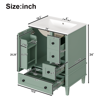 24-inch light green bathroom vanity with an integrated ceramic basin, featuring a door-mounted double-layer shelf, soft-close drawers, and a soft-close cabinet door image 9