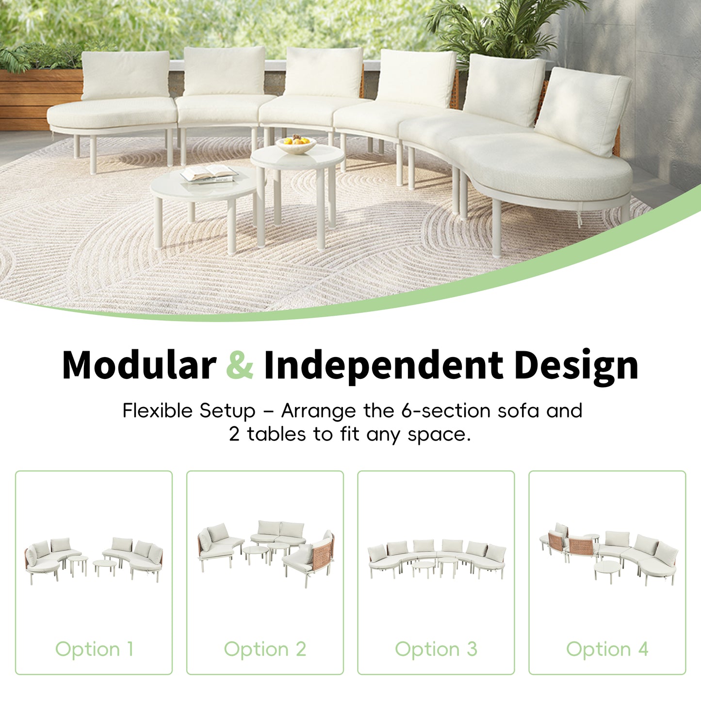 TOPMAX 8-Piece Patio Sofa Furniture Set, Half Moon Outdoor Sectional Sofa with 2 High-Low Coffee Tables, PE Wicker Rattan, Tempered Glass, 6 Pillows & Cushions, for Backyard, Garden, Poolside,Beige image 6