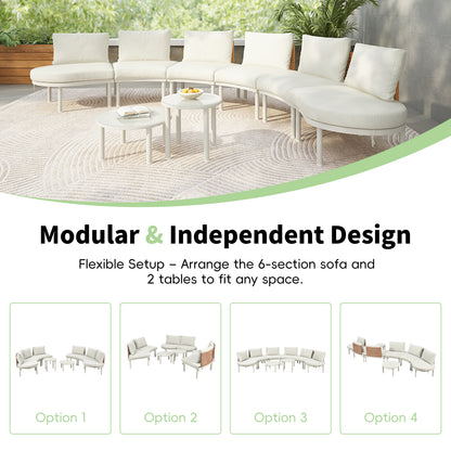 TOPMAX 8-Piece Patio Sofa Furniture Set, Half Moon Outdoor Sectional Sofa with 2 High-Low Coffee Tables, PE Wicker Rattan, Tempered Glass, 6 Pillows & Cushions, for Backyard, Garden, Poolside,Beige image 6
