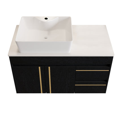 36" Wall-Mounted Bathroom Vanity with Vessel Ceramic Sink & Plywood Countertop – Soft-Close Door & Drawers, Floating Design image 8