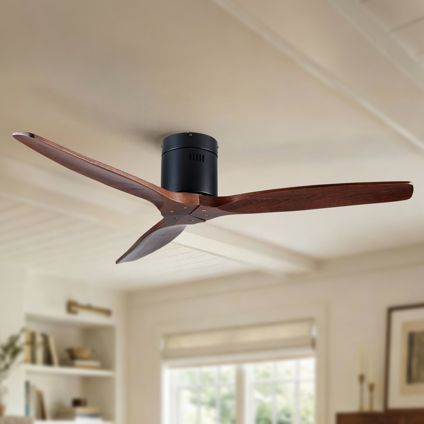 52 inch Indoor Farmhouse Rustic Ceiling Fan Matte Black with 3 Solid Wood Blade Remote Control Reversible DC Motor image 3