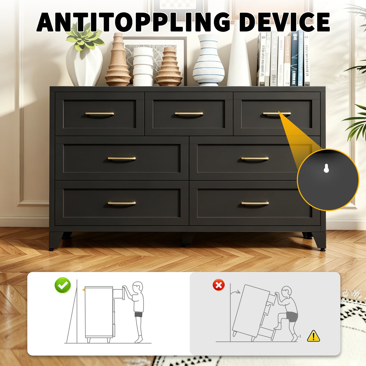 7-Drawer Dresser, Wide Low-Profile Storage Cabinet, Black Metal Chest of Drawers for Bedroom, Living Room & Entryway image 7