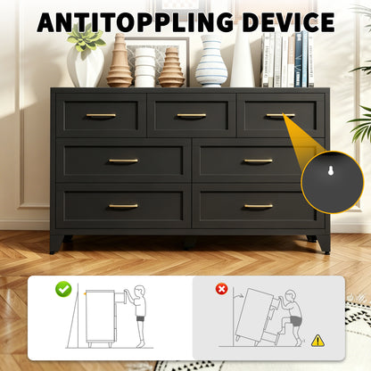 7-Drawer Dresser, Wide Low-Profile Storage Cabinet, Black Metal Chest of Drawers for Bedroom, Living Room & Entryway image 7