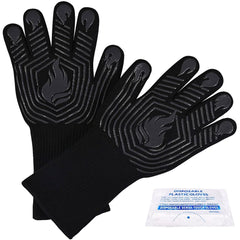 BBQ Gloves, 1472°F Heat Resistant Fireproof Mitts, Silicone Non-Slip Washable Oven Kitchen Gloves for Barbecue, Grilling, Cooking, Baking, Camping, Smoker (Black)