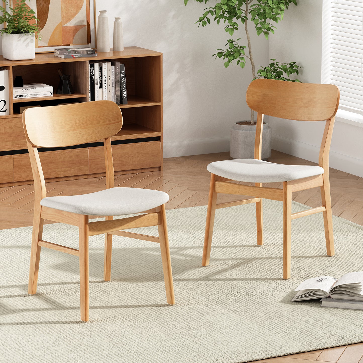 [Video] Set of 2 Dining Chairs - Fabric Cushioned Seat, Solid Rubberwood Legs, Light Beige (same sku: 58925.00LBE) image 1