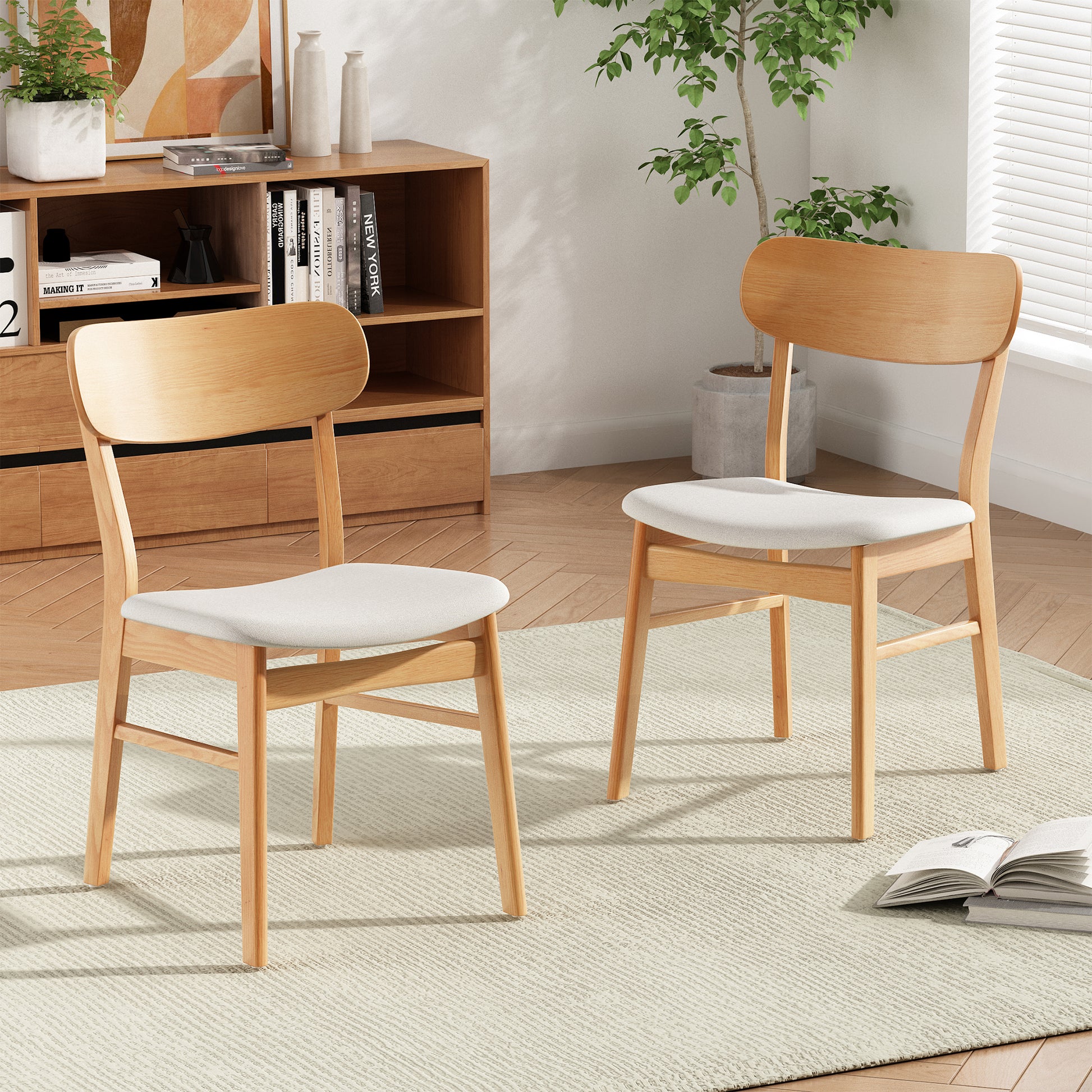 [Video] Set of 2 Dining Chairs - Fabric Cushioned Seat, Solid Rubberwood Legs, Light Beige (same sku: 58925.00LBE) image 1